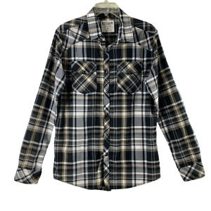 Reclaim‎ Shirt Mens Medium Black Brown Plaid Snap Up Pockets Western Long Sleeve
